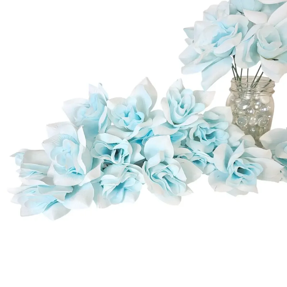 45 Baby Blue Powder Blue Artificial Silk Roses 3in Short Stem Wedding Flowers